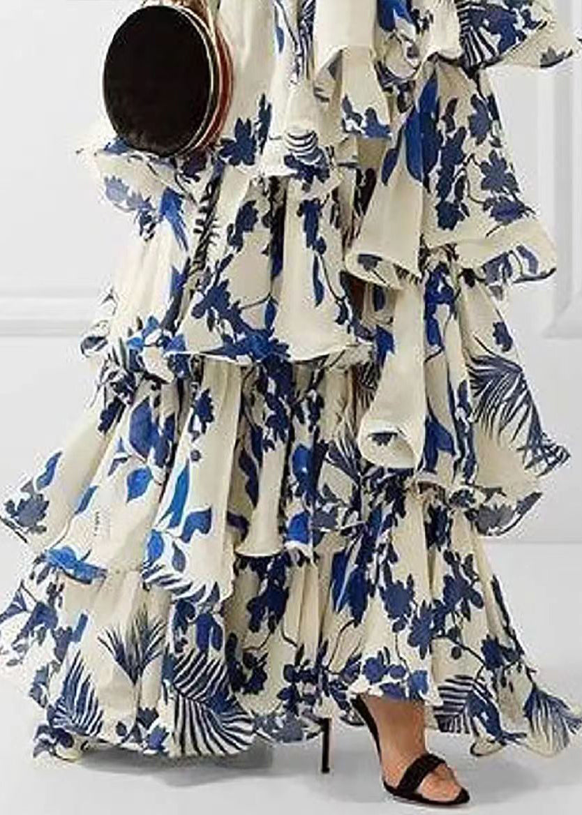 Loose Blue Ruffled Print Lace Up Cotton Maxi Dress Sleeveless