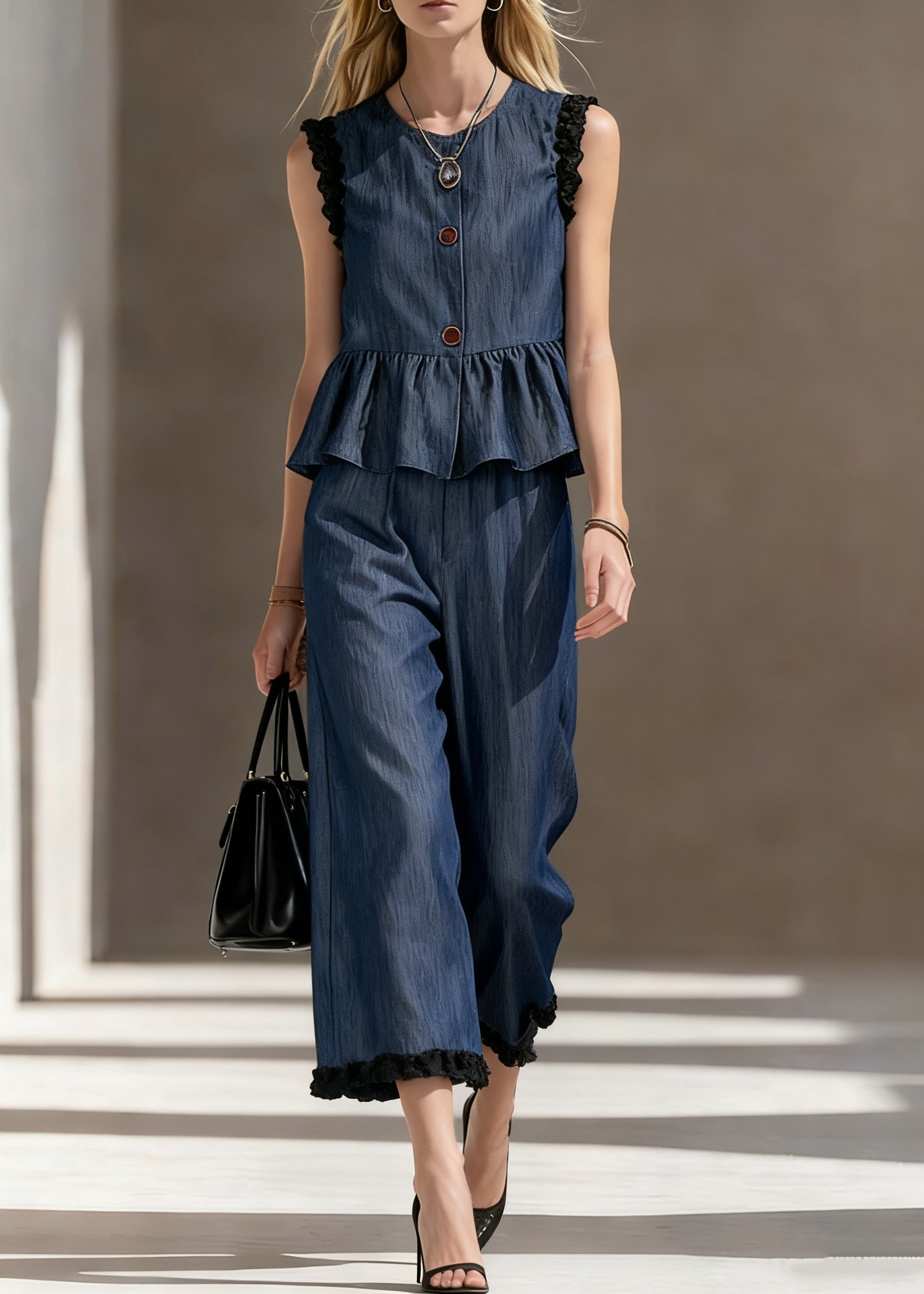 Loose Blue Ruffled Tops And Crop Pants Denim Two Pieces Set Sleeveless - Omychic