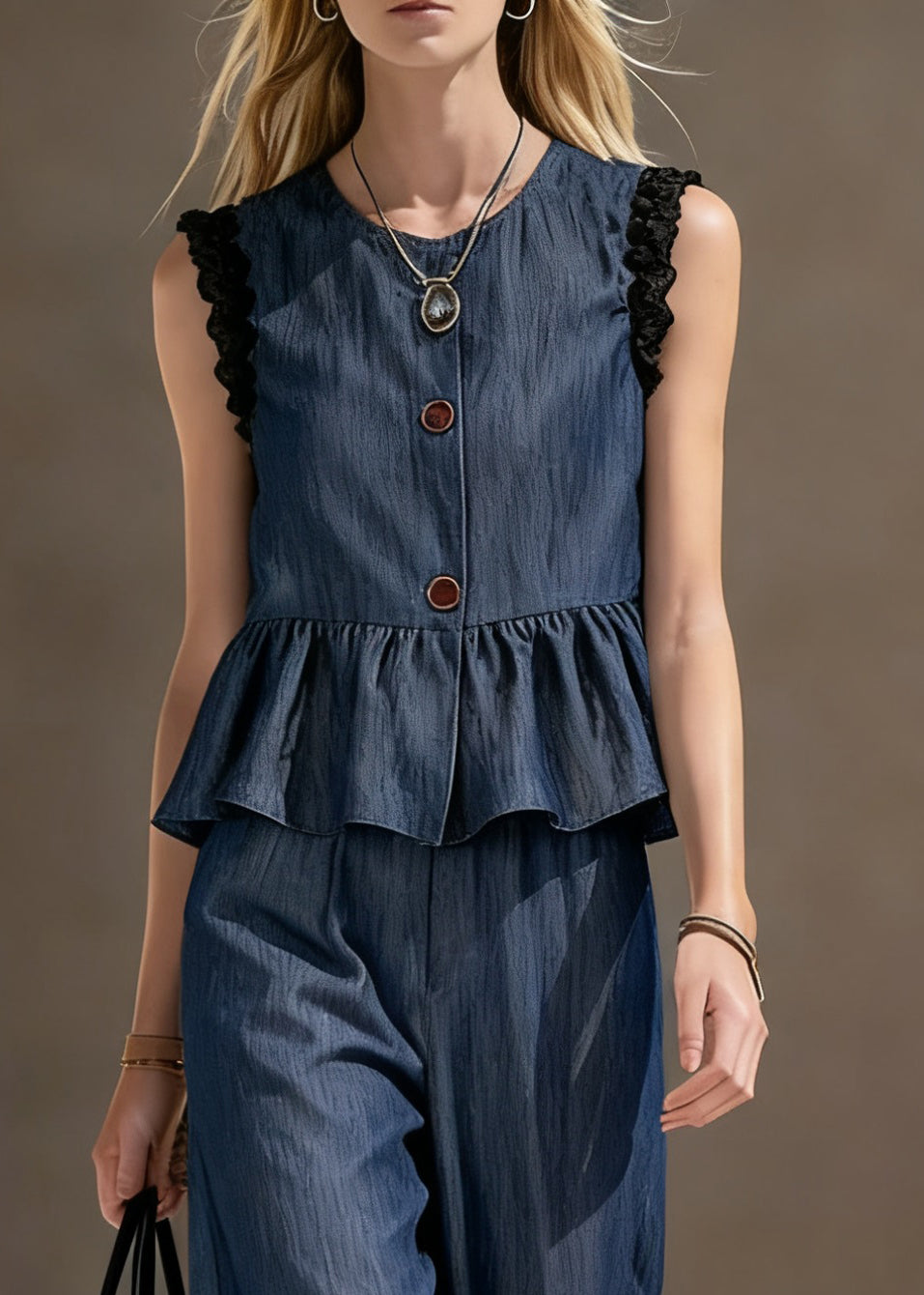 Loose Blue Ruffled Tops And Crop Pants Denim Two Pieces Set Sleeveless - Omychic