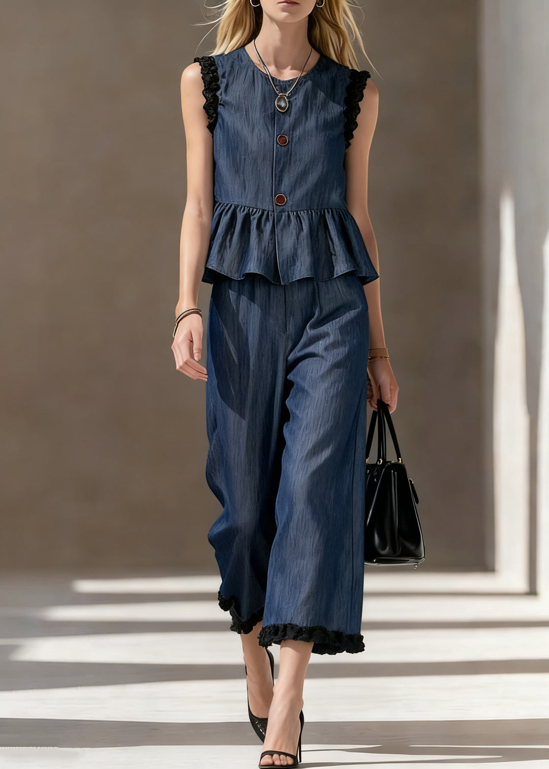 Loose Blue Ruffled Tops And Crop Pants Denim Two Pieces Set Sleeveless - Omychic