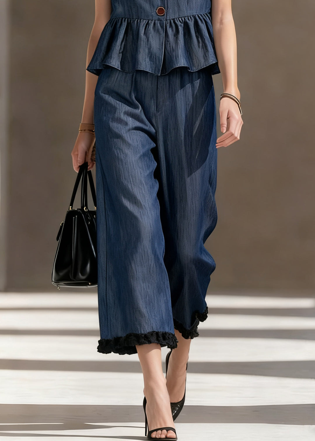 Loose Blue Ruffled Tops And Crop Pants Denim Two Pieces Set Sleeveless - Omychic