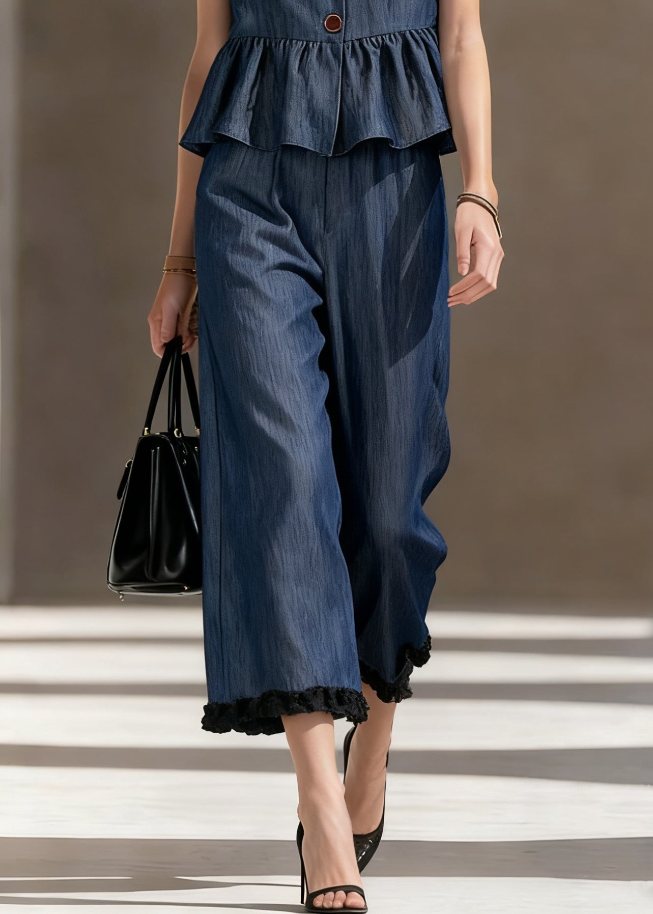 Loose Blue Ruffled Tops And Crop Pants Denim Two Pieces Set Sleeveless - Omychic