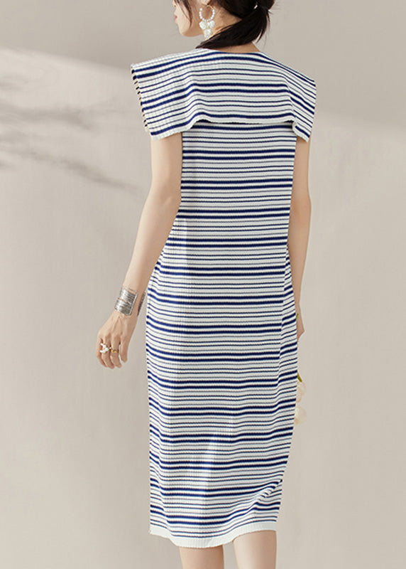 Loose Blue Sailor Collar Striped Knit Long Dresses Sleeveless