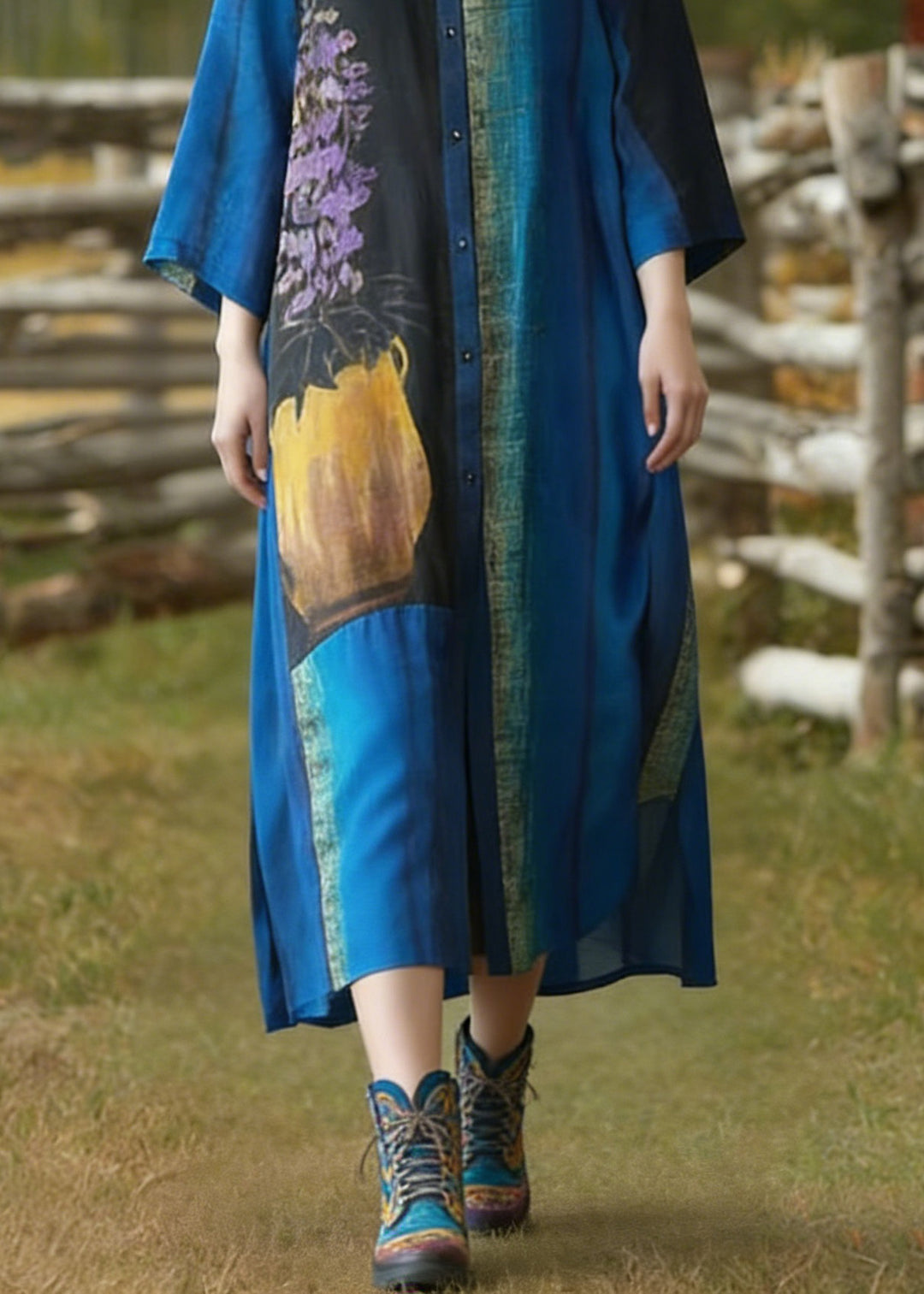 Loose Blue Stand Collar Button Print Silk Cardigans Summer