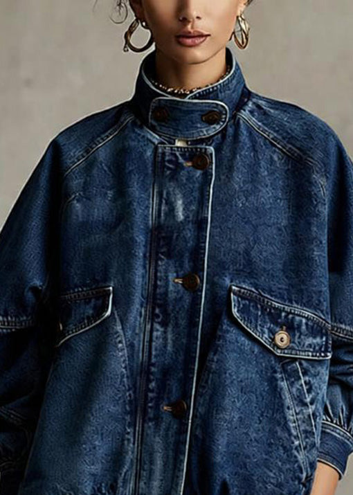 Loose Blue Stand Collar Pockets Denim Jacket Spring - Omychic