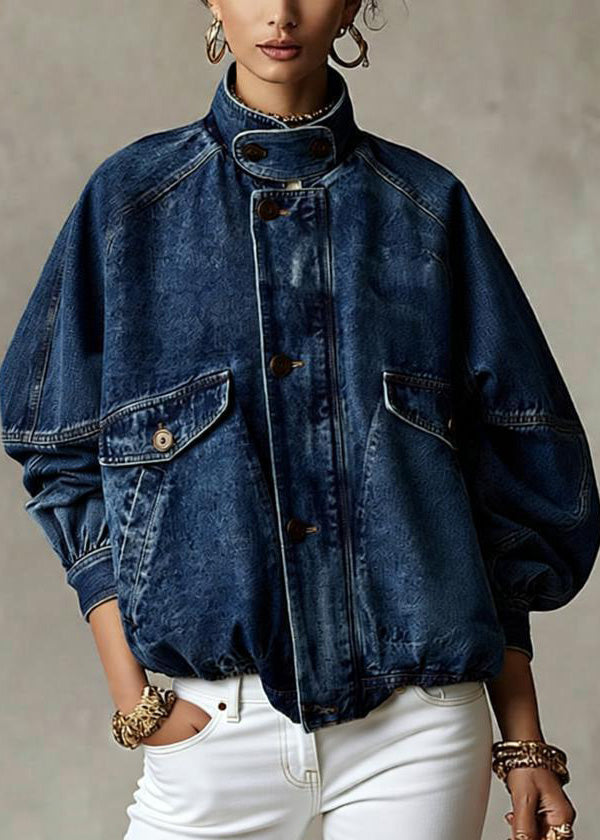 Loose Blue Stand Collar Pockets Denim Jacket Spring - Omychic