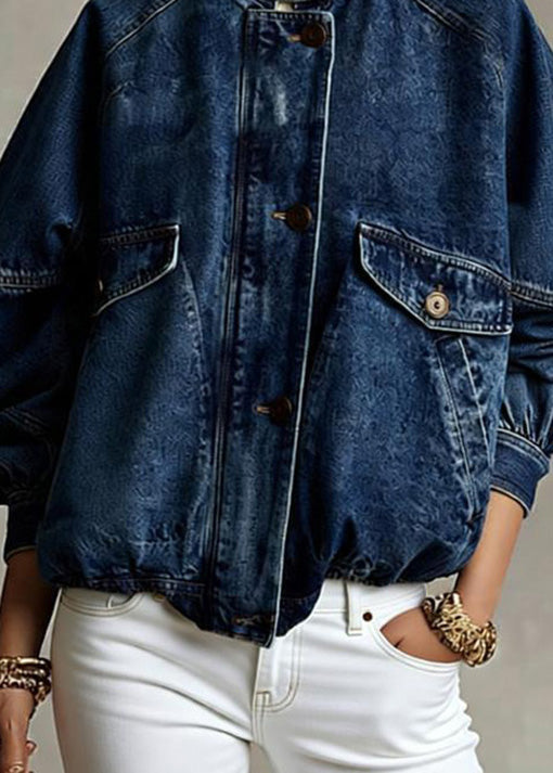 Loose Blue Stand Collar Pockets Denim Jacket Spring - Omychic