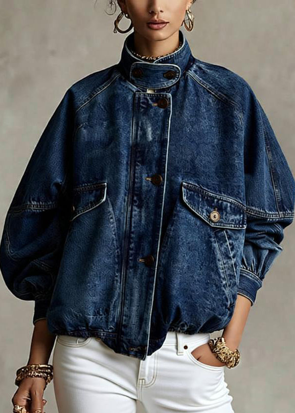 Loose Blue Stand Collar Pockets Denim Jacket Spring - Omychic
