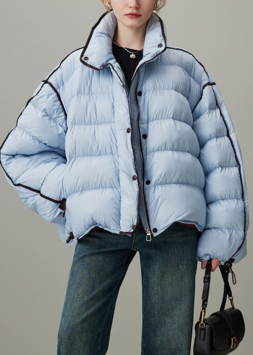 Loose Blue Stand Collar Zippered Drawstring Duck Down Puffer Coat Winter