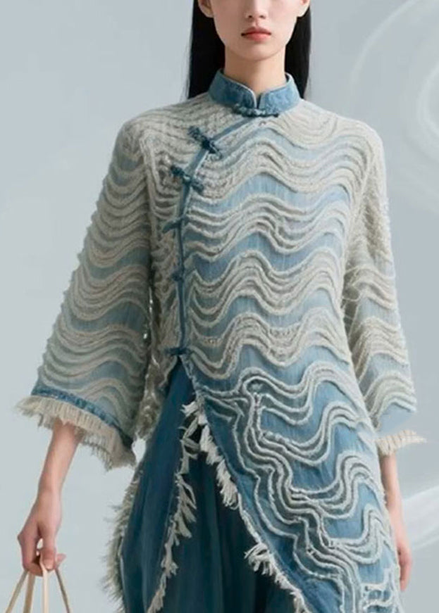 Loose Blue Striped Button Denim Shirts Bracelet Sleeve