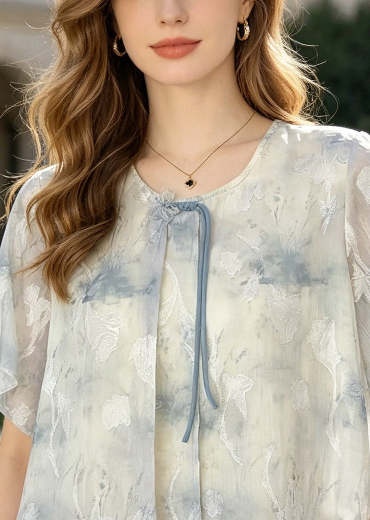 Loose Blue Tasseled Tie Dye Silk Shirts Summer