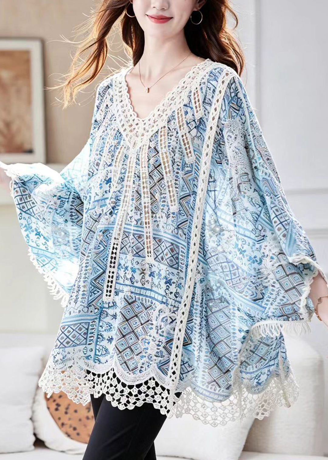 Loose Blue V Neck Hollow Out Nail Bead Print Shirt Top Batwing Sleeve