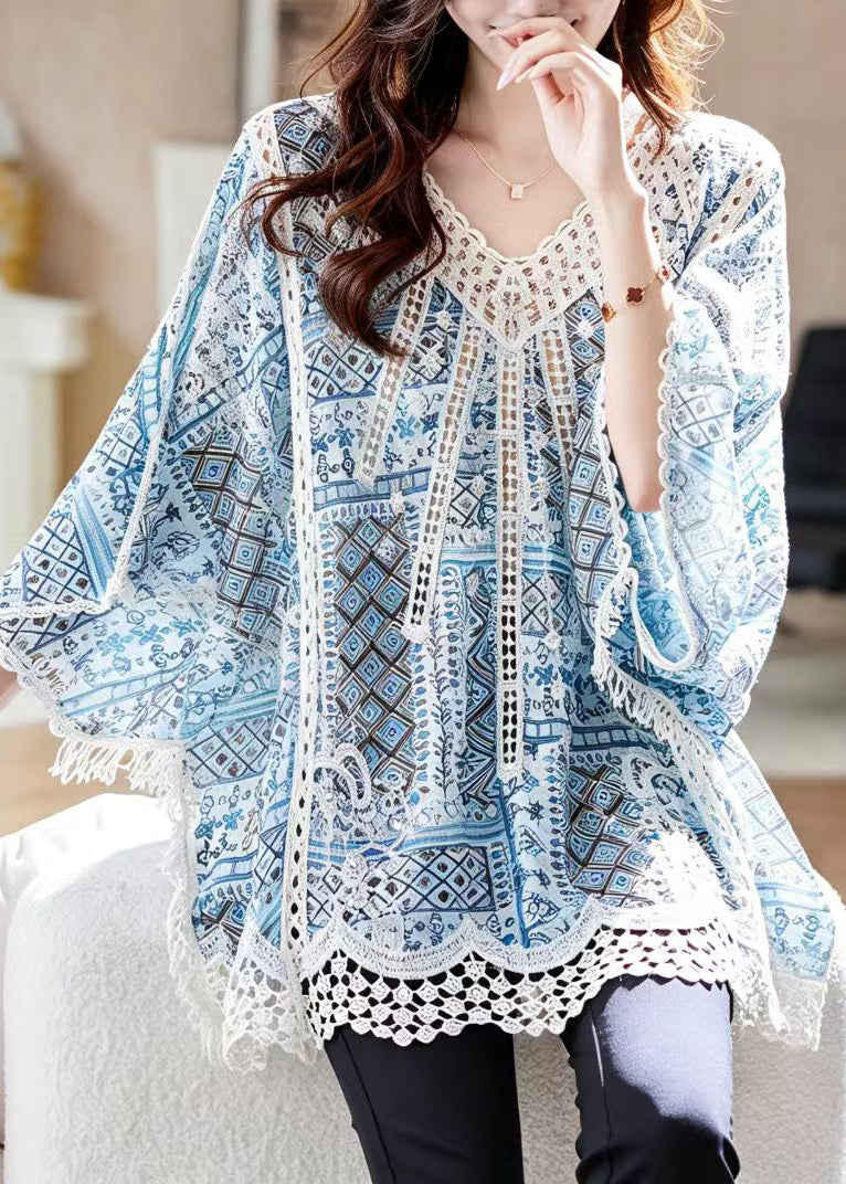Loose Blue V Neck Hollow Out Nail Bead Print Shirt Top Batwing Sleeve