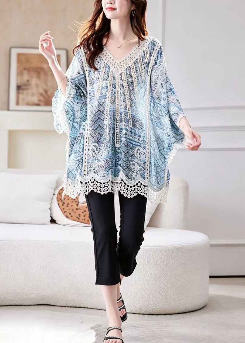 Loose Blue V Neck Hollow Out Nail Bead Print Shirt Top Batwing Sleeve