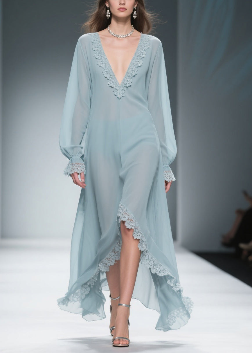 Loose Blue V Neck Lace Chiffon Dresses Flare Sleeve
