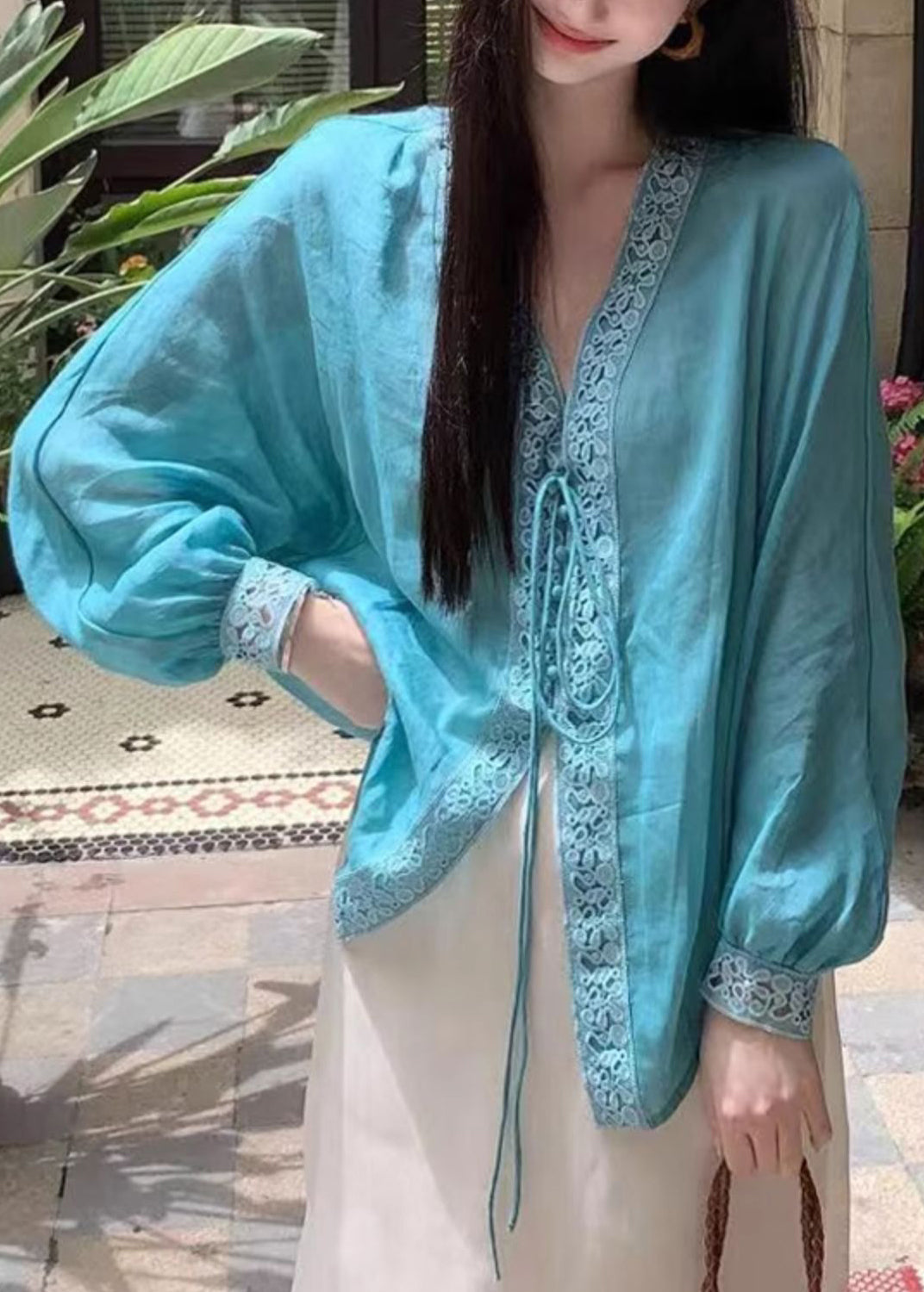 Loose Blue V Neck Lace Up Cotton Blouse Batwing Sleeve
