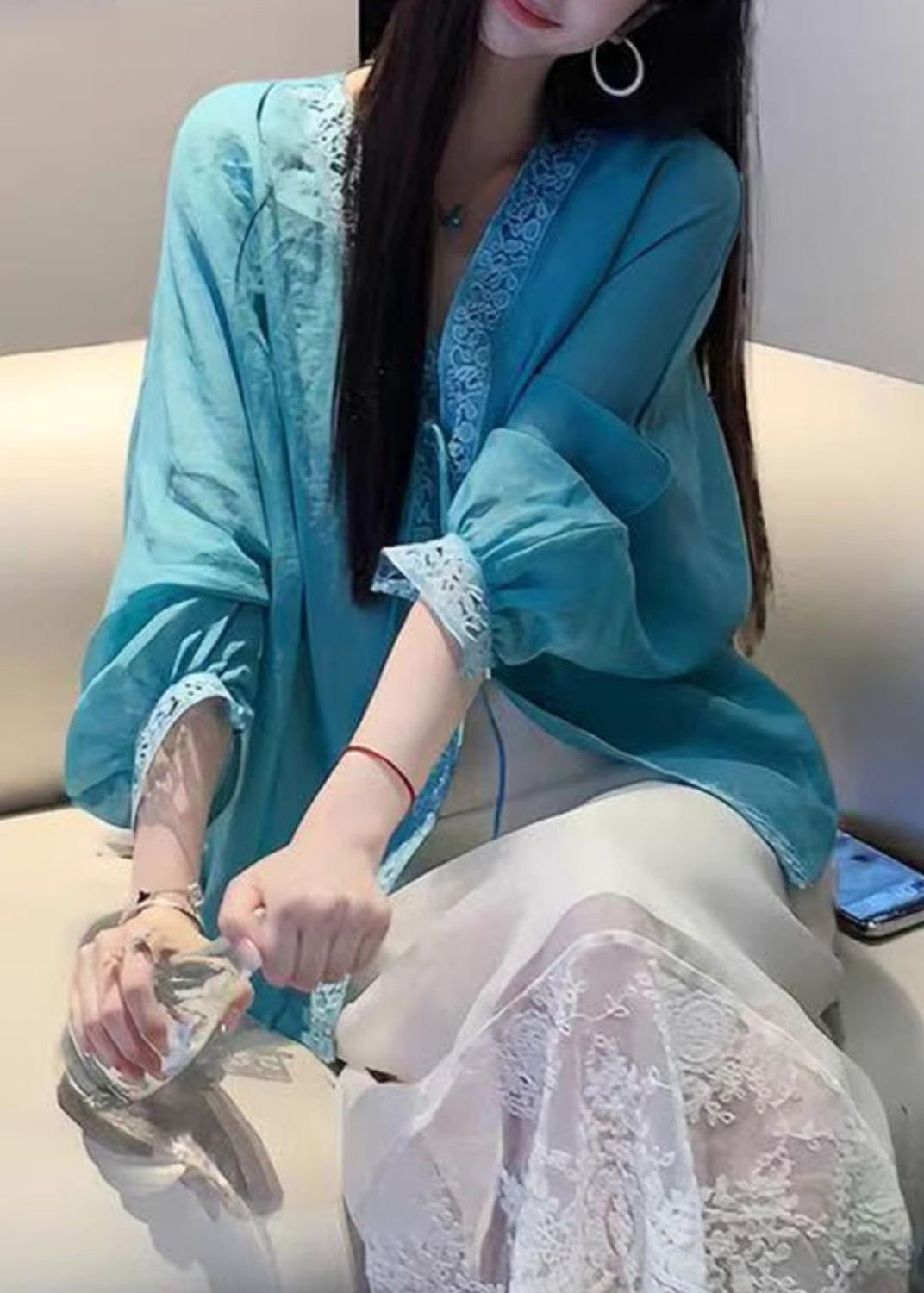 Loose Blue V Neck Lace Up Cotton Blouse Batwing Sleeve