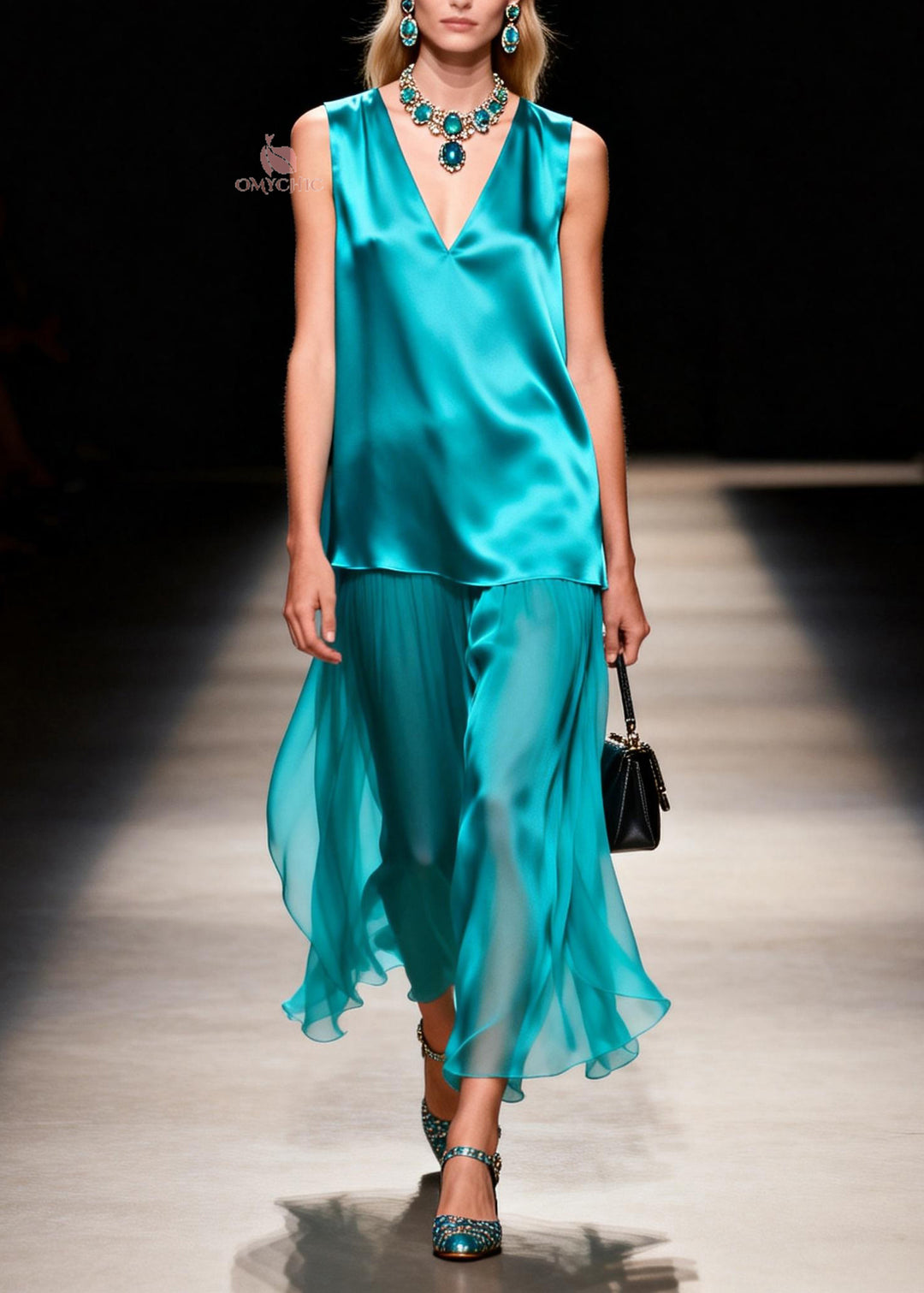 Loose Blue V Neck Patchwork False Two Pieces Silk Dresses Sleeveless