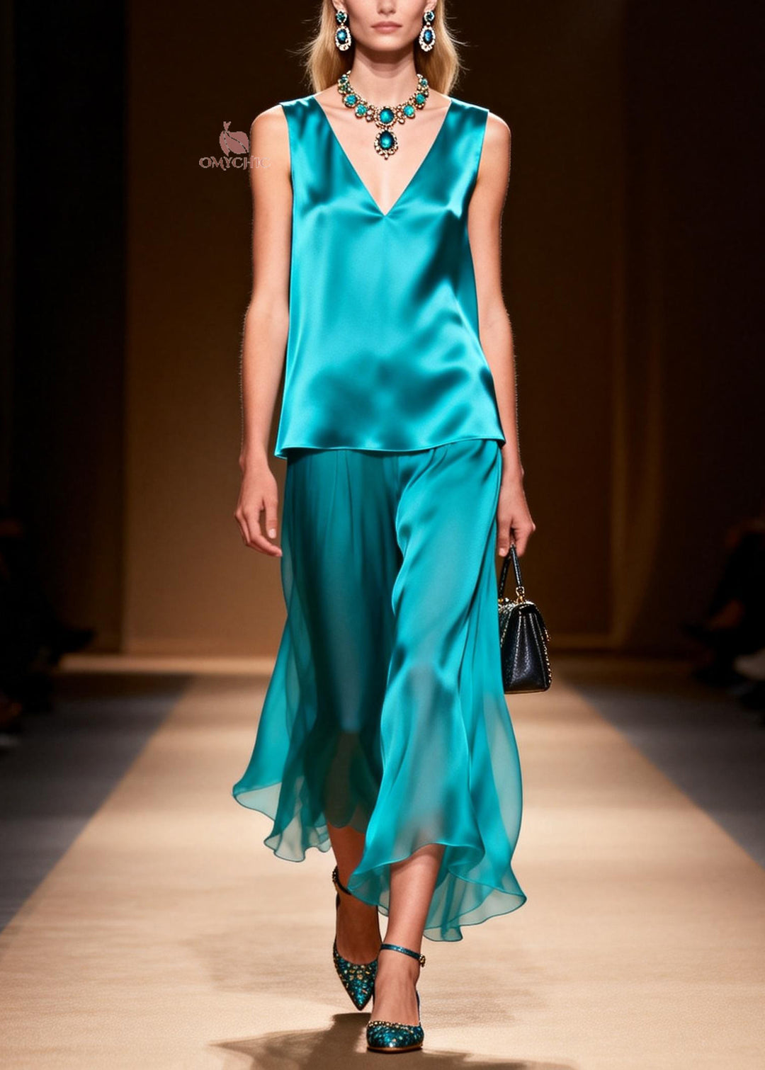 Loose Blue V Neck Patchwork False Two Pieces Silk Long Dresses Sleeveless