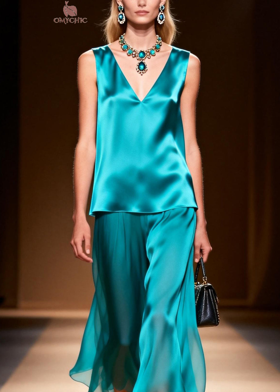 Loose Blue V Neck Patchwork False Two Pieces Silk Long Dresses Sleeveless