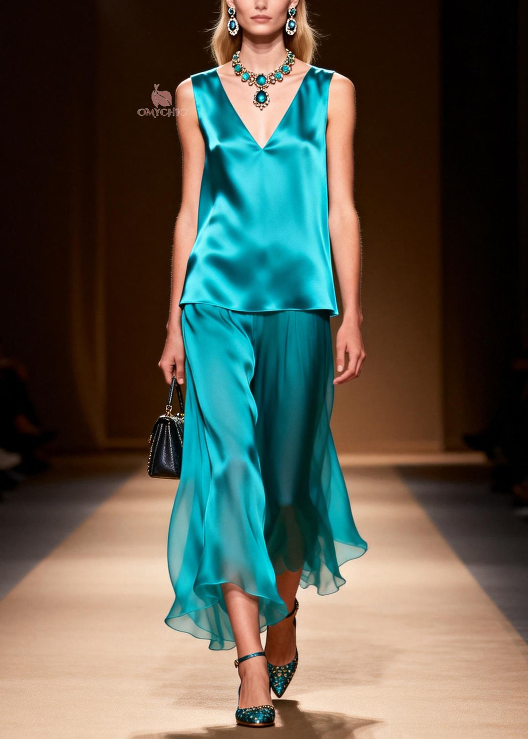 Loose Blue V Neck Patchwork False Two Pieces Silk Long Dresses Sleeveless
