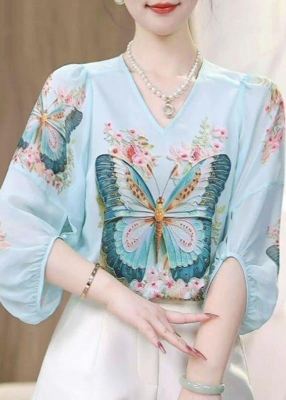 Loose Blue V Neck Print Chiffon Shirt Bracelet Sleeve