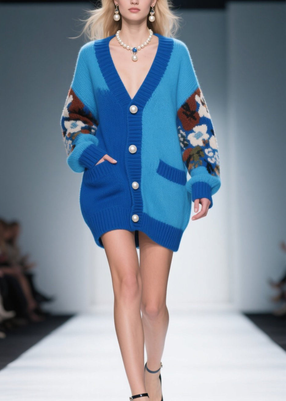 Loose Blue V Neck Print Pockets Button Knit Cardigan Fall