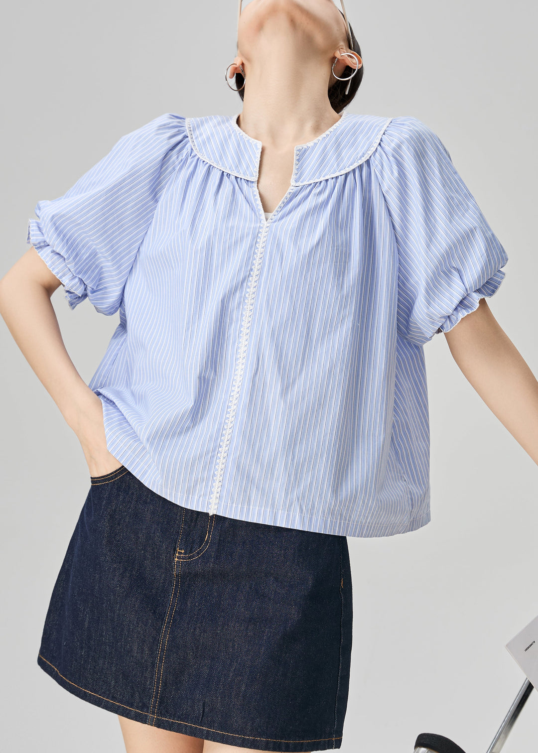 Loose Blue V Neck Striped Cotton Blouses Puff Sleeve