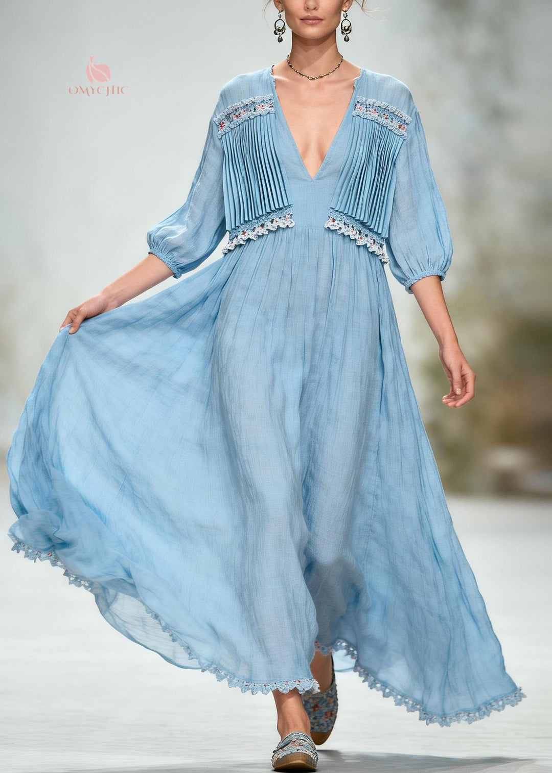 Loose Blue V Neck Wrinkled Patchwork Cotton Long Dress Summer