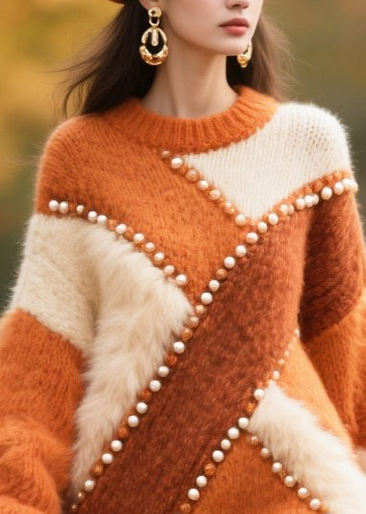 Loose Brick Red Asymmetrical Patchwork Nail Bead Sweaters Winter