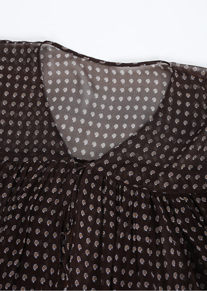 Loose Brown Asymmetrical Wrinkled Print Chiffon Top Summer