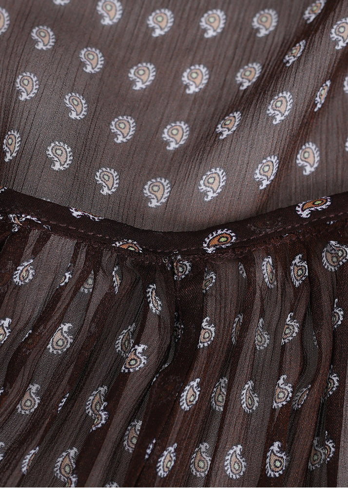 Loose Brown Asymmetrical Wrinkled Print Chiffon Top Summer
