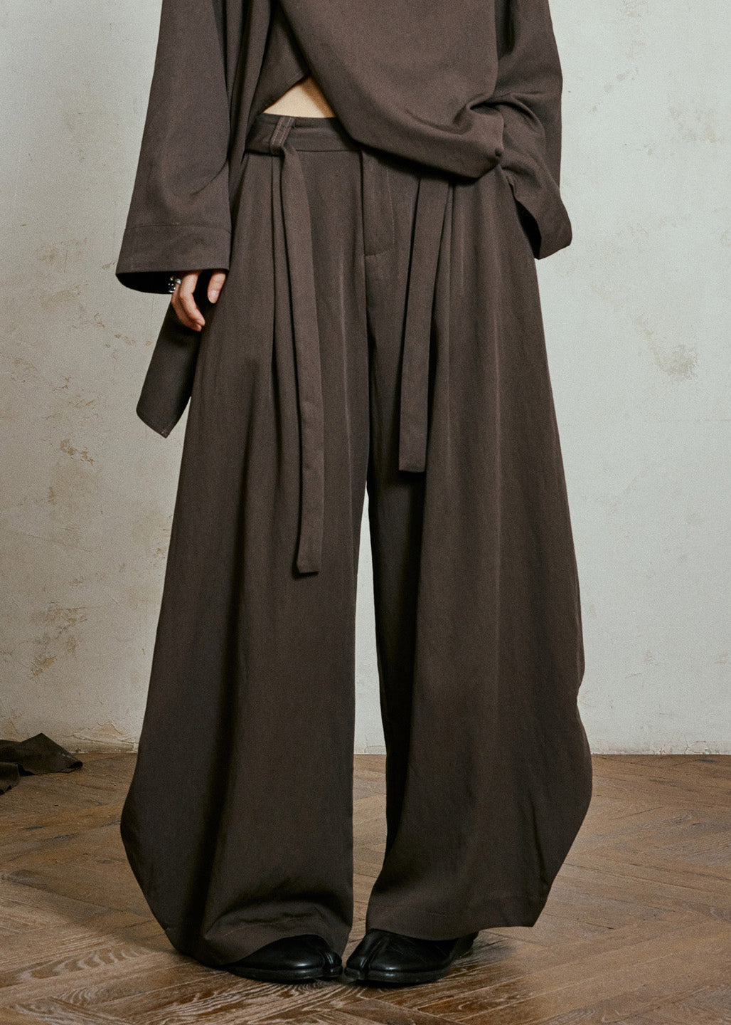 Loose Brown Patchwork Sashes Wide Leg Pants Fall