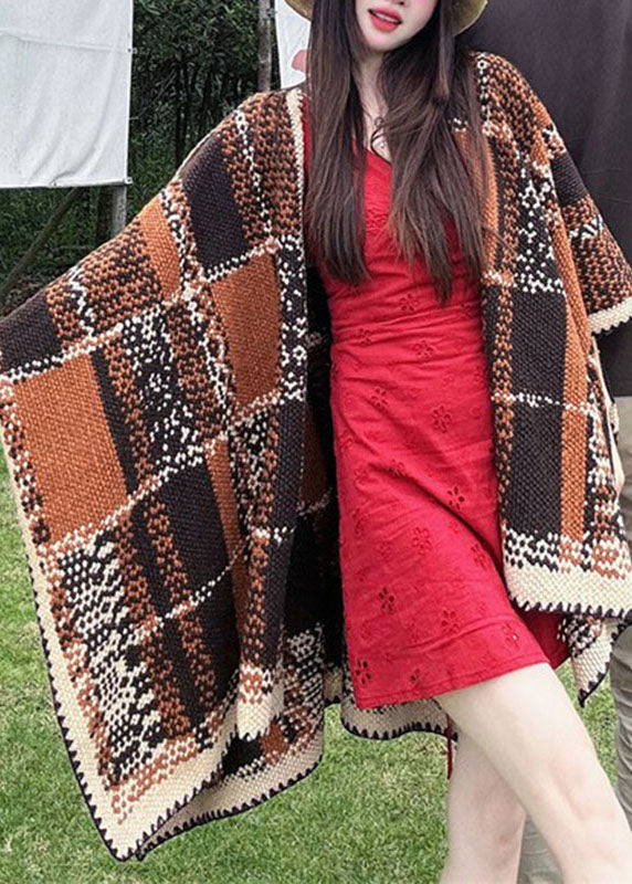 Loose Brown Plaid Patchwork Hooded Cloak Fall