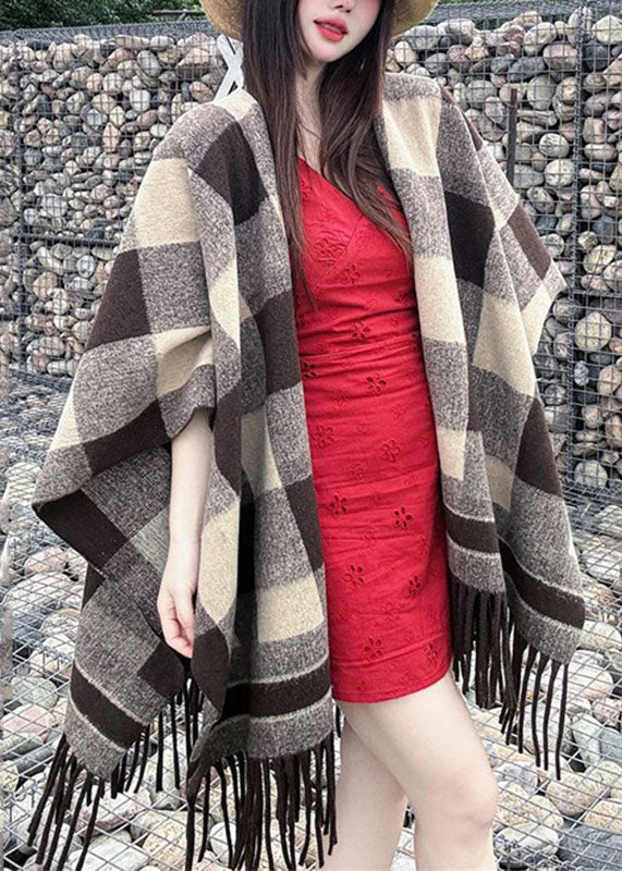 Loose Brown Plaid Patchwork Hooded Cloak Fall