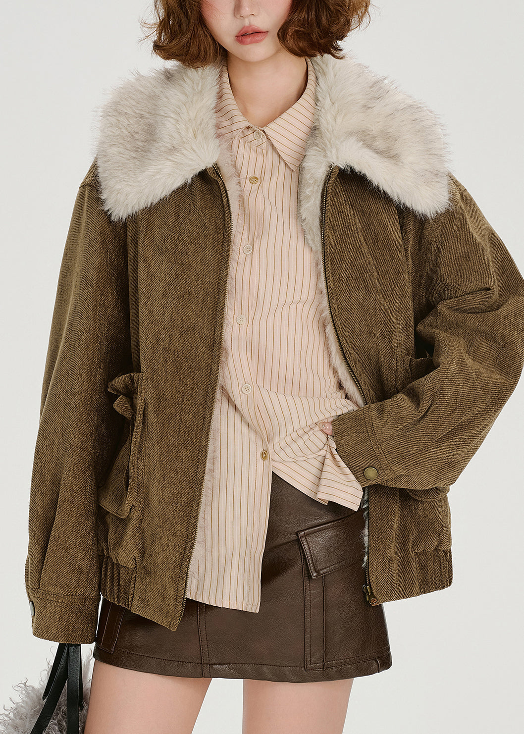 Loose Brown Pockets Fur Collar Patchwork Cotton Filled Jackets Winter