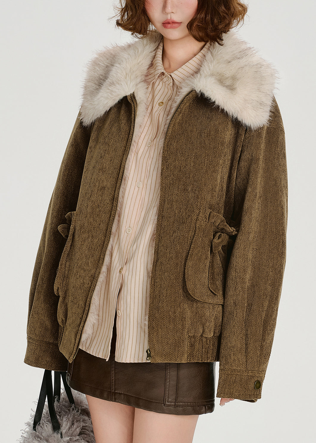 Loose Brown Pockets Fur Collar Patchwork Cotton Filled Jackets Winter