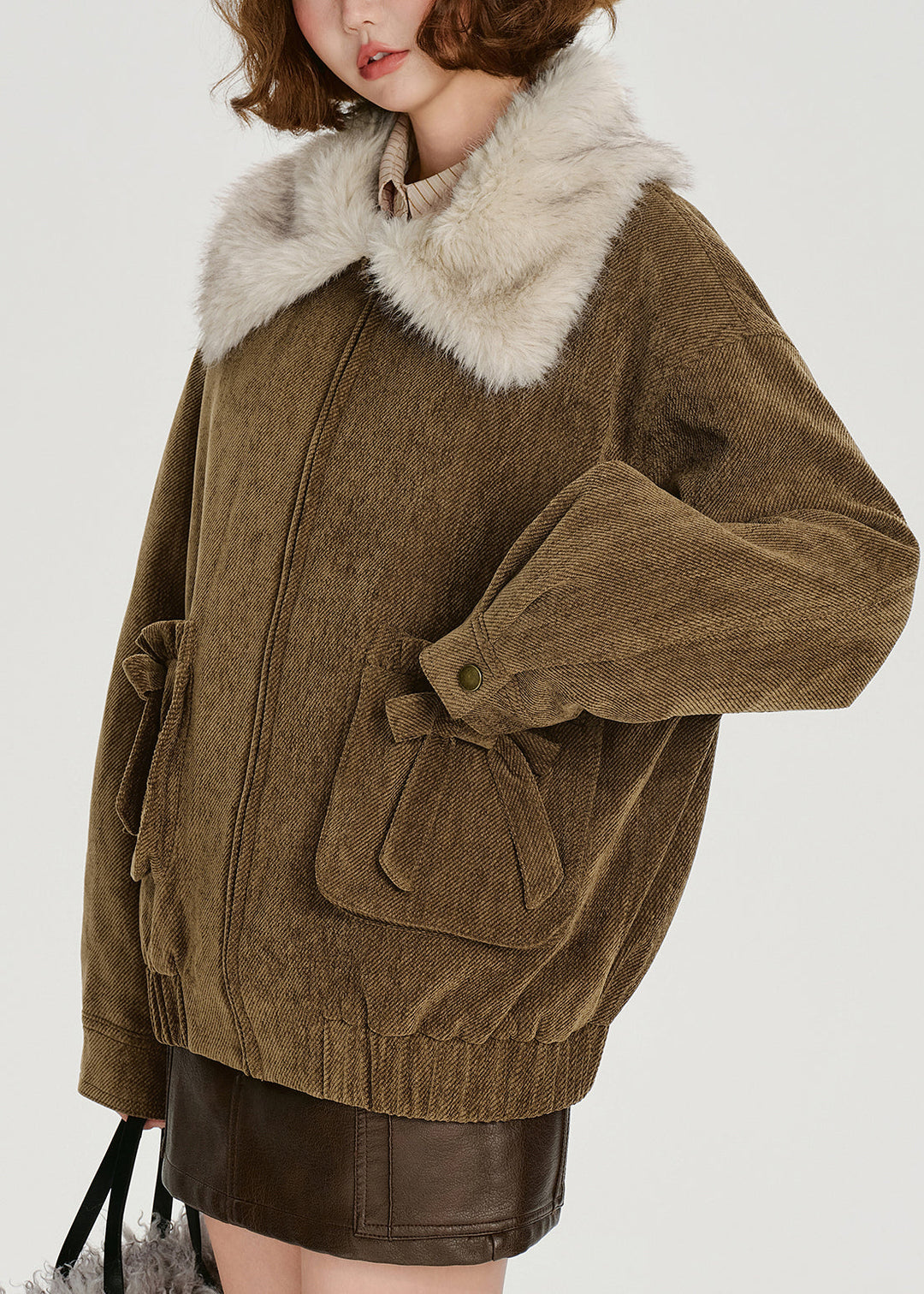 Loose Brown Pockets Fur Collar Patchwork Cotton Filled Jackets Winter
