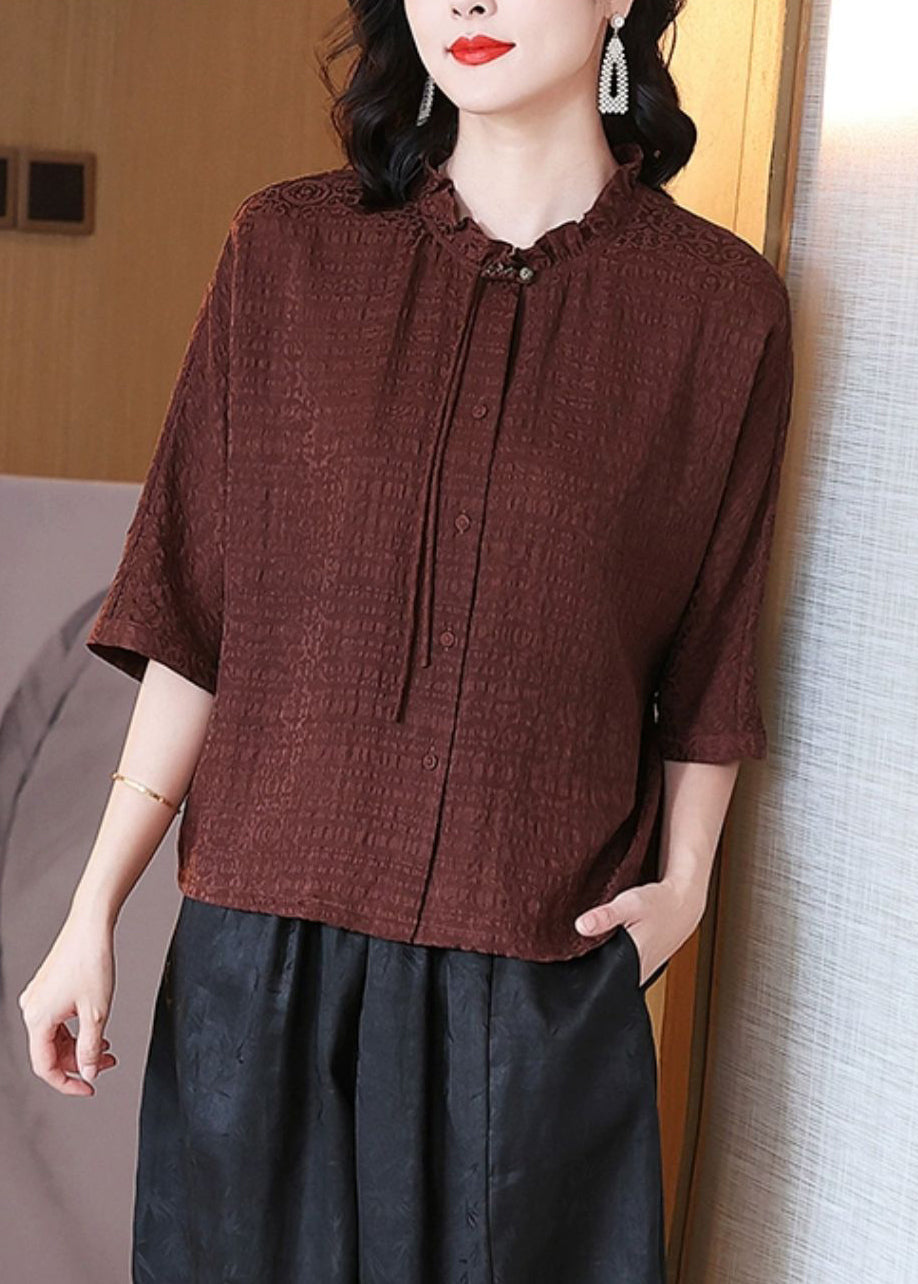 Loose Brown Ruffled Button Silk Blouse Spring