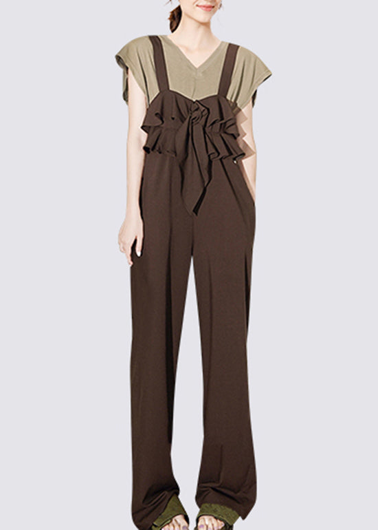 Loose Brown Ruffled Patchwork Solid Suspender Jumpsuits Sleeveles