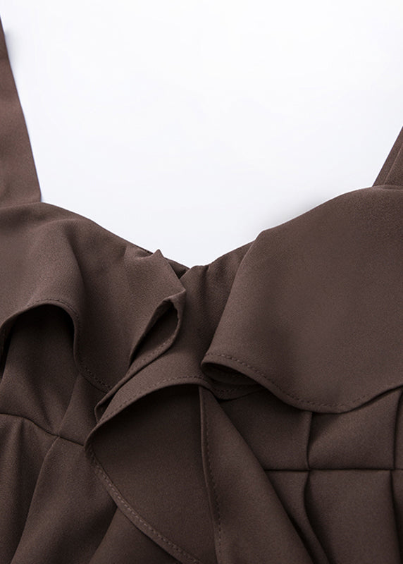 Loose Brown Ruffled Patchwork Solid Suspender Jumpsuits Sleeveles