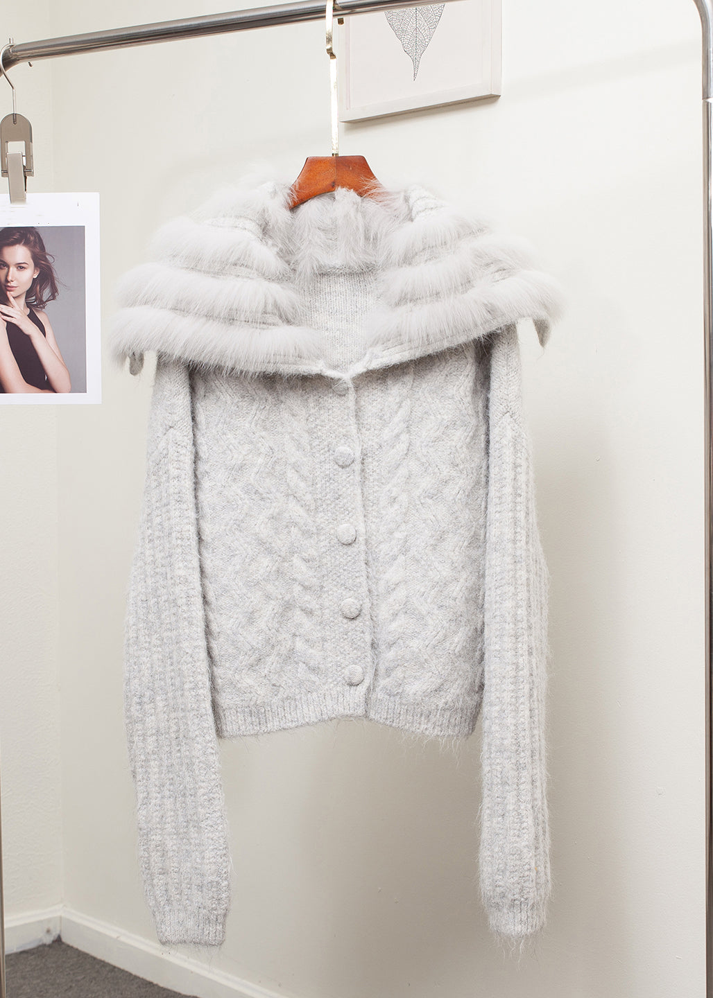 Loose Brown Sailor Collar Fox Collar Patchwork Cable Knit Coat Fall