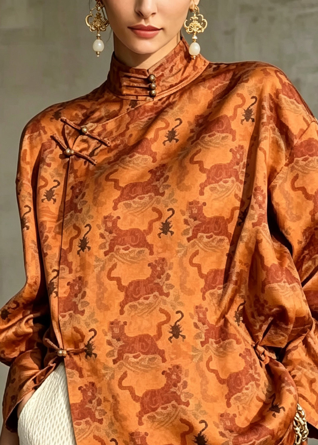 Loose Brown Stand Collar Asymmetrical Print Satin Shirt Fall