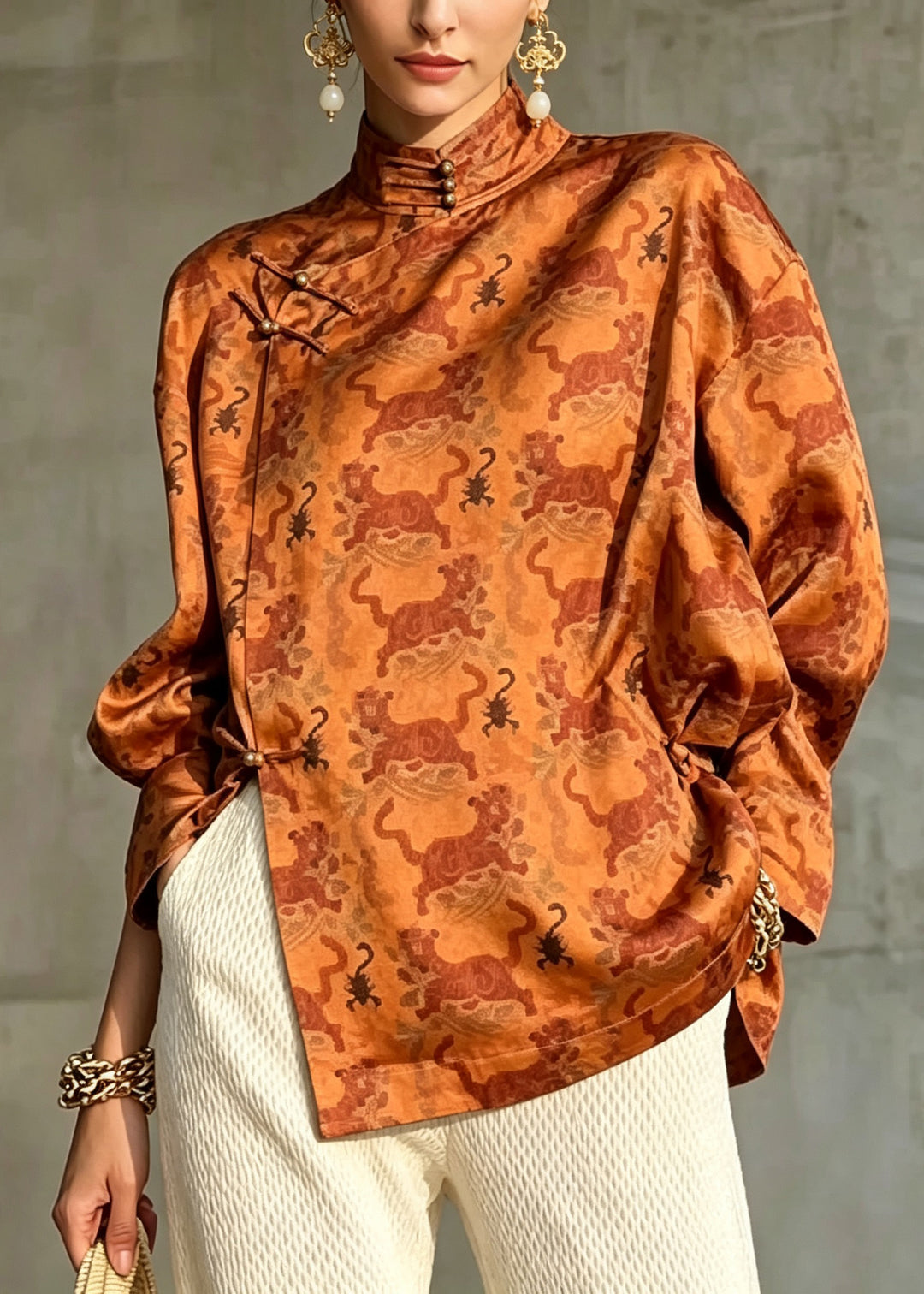 Loose Brown Stand Collar Asymmetrical Print Satin Shirt Fall