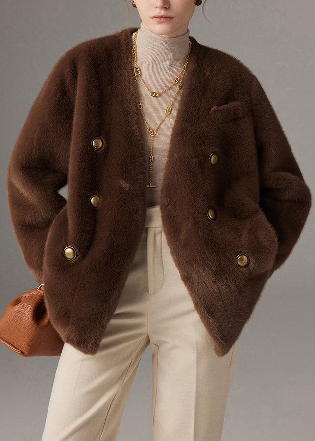 Loose Brown V Neck Button Mink Hair Coats Winter