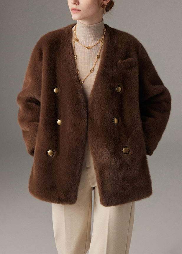 Loose Brown V Neck Button Mink Hair Coats Winter