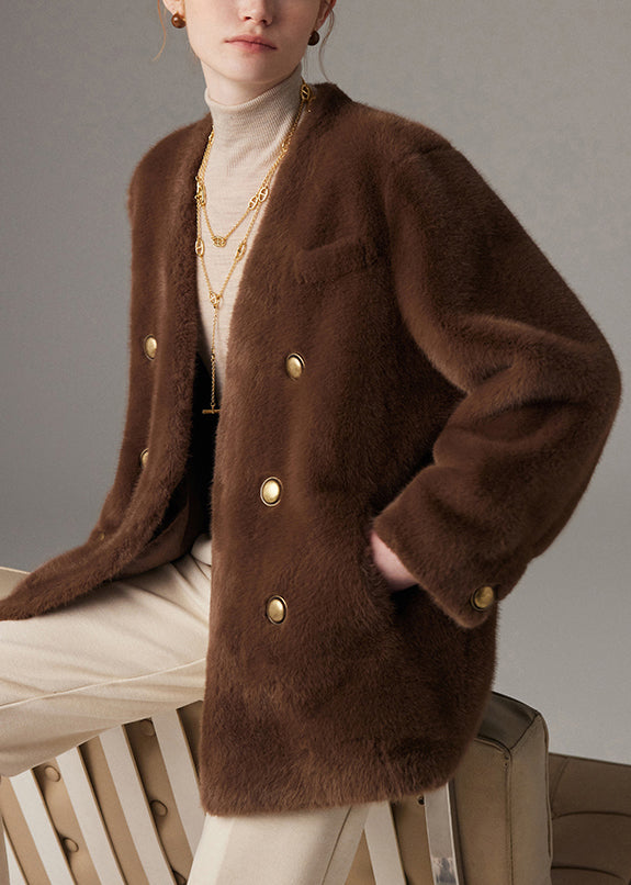Loose Brown V Neck Button Mink Hair Coats Winter