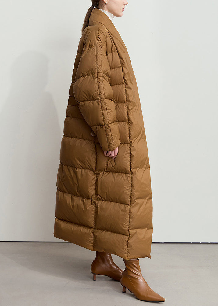 Loose Brown V Neck Pockets Sashes Duck Down Long Coat Winter