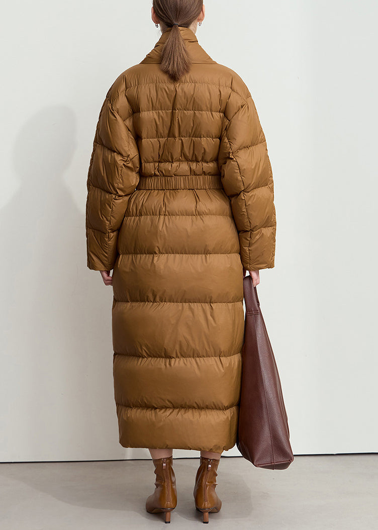 Loose Brown V Neck Pockets Sashes Duck Down Long Coat Winter