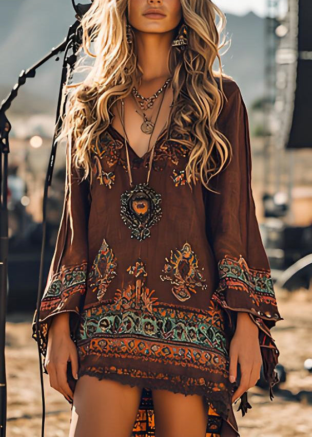 Loose Brown V Neck Print Cotton Mid Dress Spring